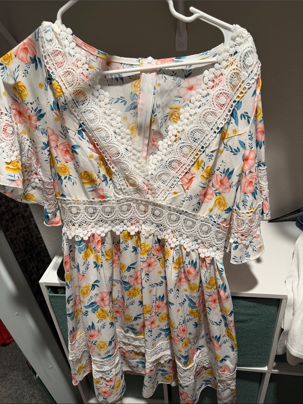 White Floral Lace V-Neck Dress with Pink & Yellow Roses